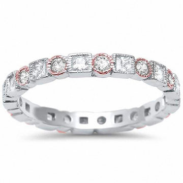 Bezel Set Full Eternity Ring Alternating Two Tone Round Simulated CZ 925 Sterling Silver